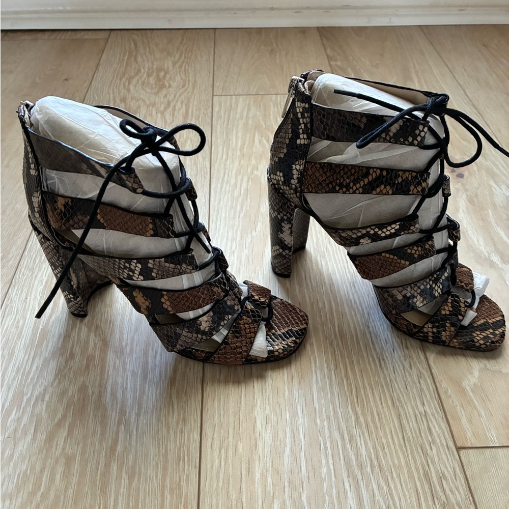 Vince Camuto Snake-Print Lace-Up Heeled Sandals - Brown/Black